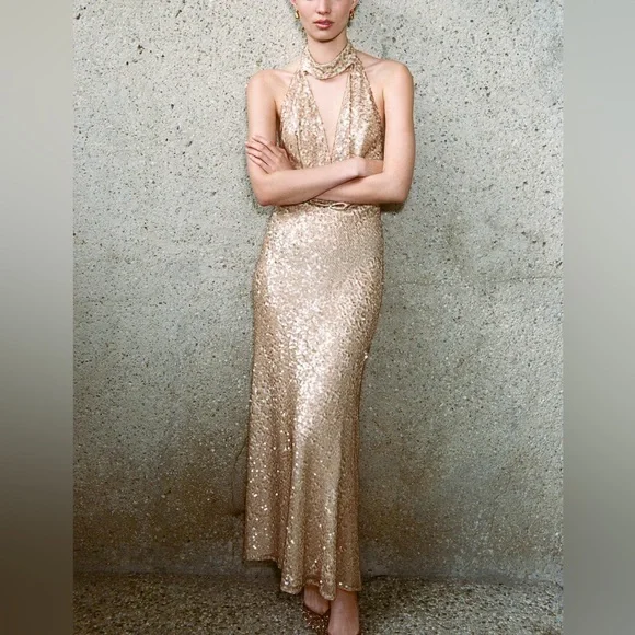 Zara NWT light pink & beige sequin halter top cowl neck formal maxi dress - Picture 9 of 15